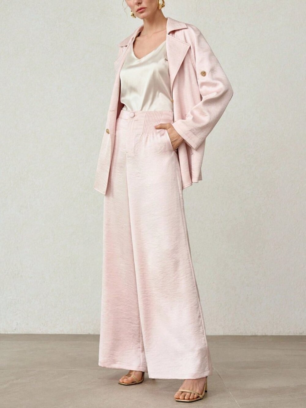 Pink Elegant Women's Premium Satin High Waist Wide Leg Palazzo Pants
